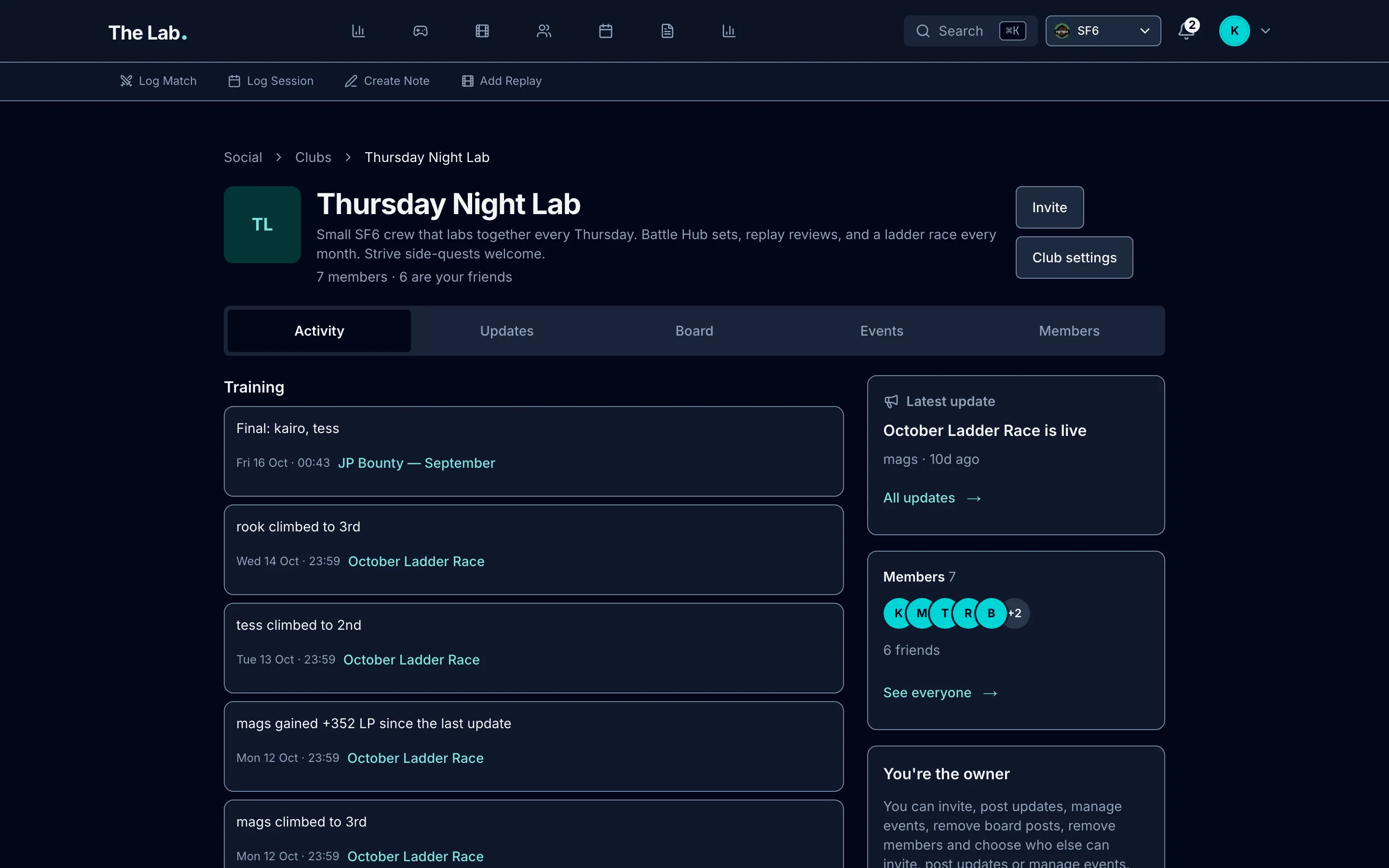 Thursday Night Lab club page with training activity and the latest update