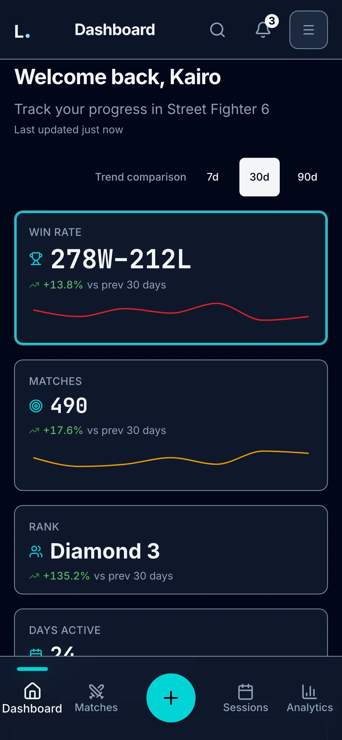 The Lab dashboard: win rate 278–212, 490 matches, Diamond 3 rank, and recent Ken and Cammy sessions