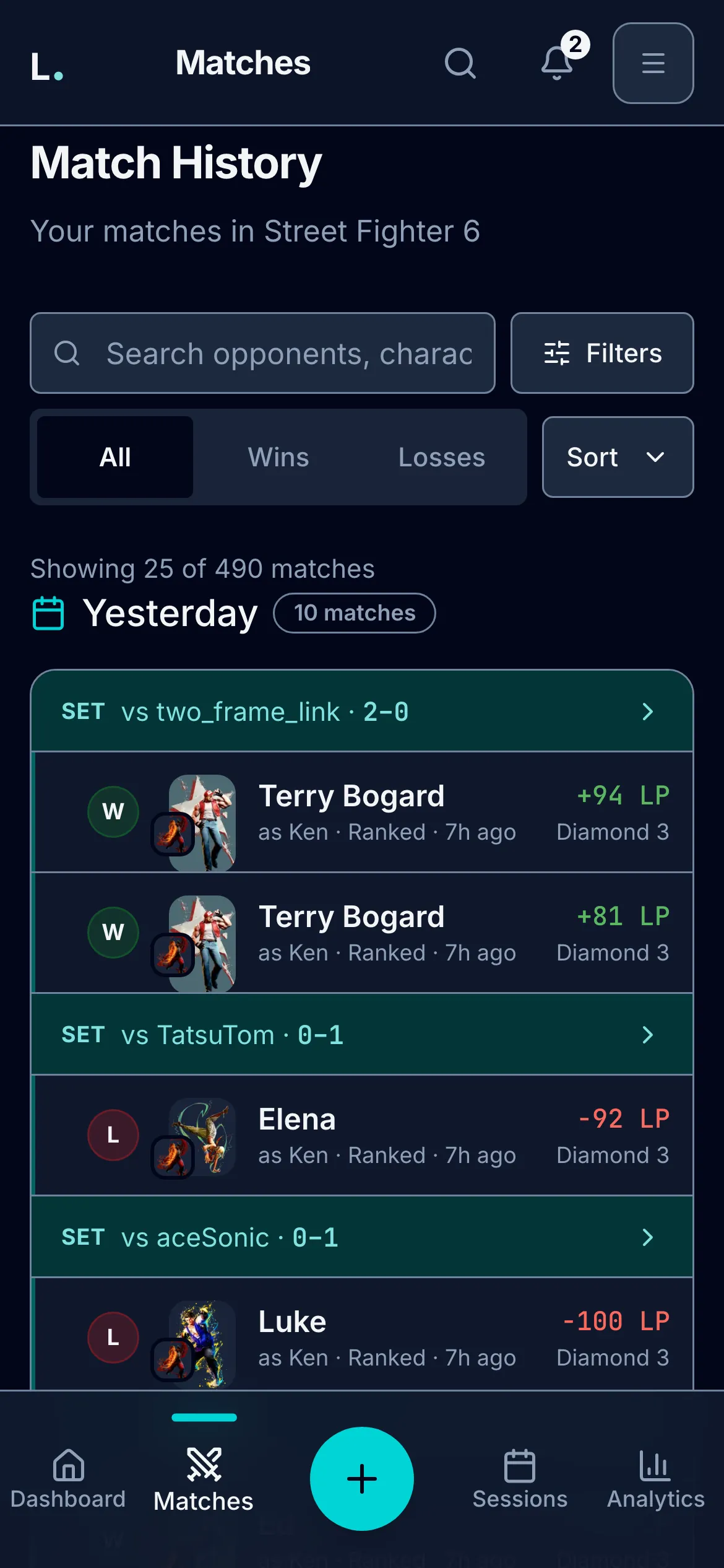 Match history: synced ranked matches with characters, set score, rank, and LP change per match